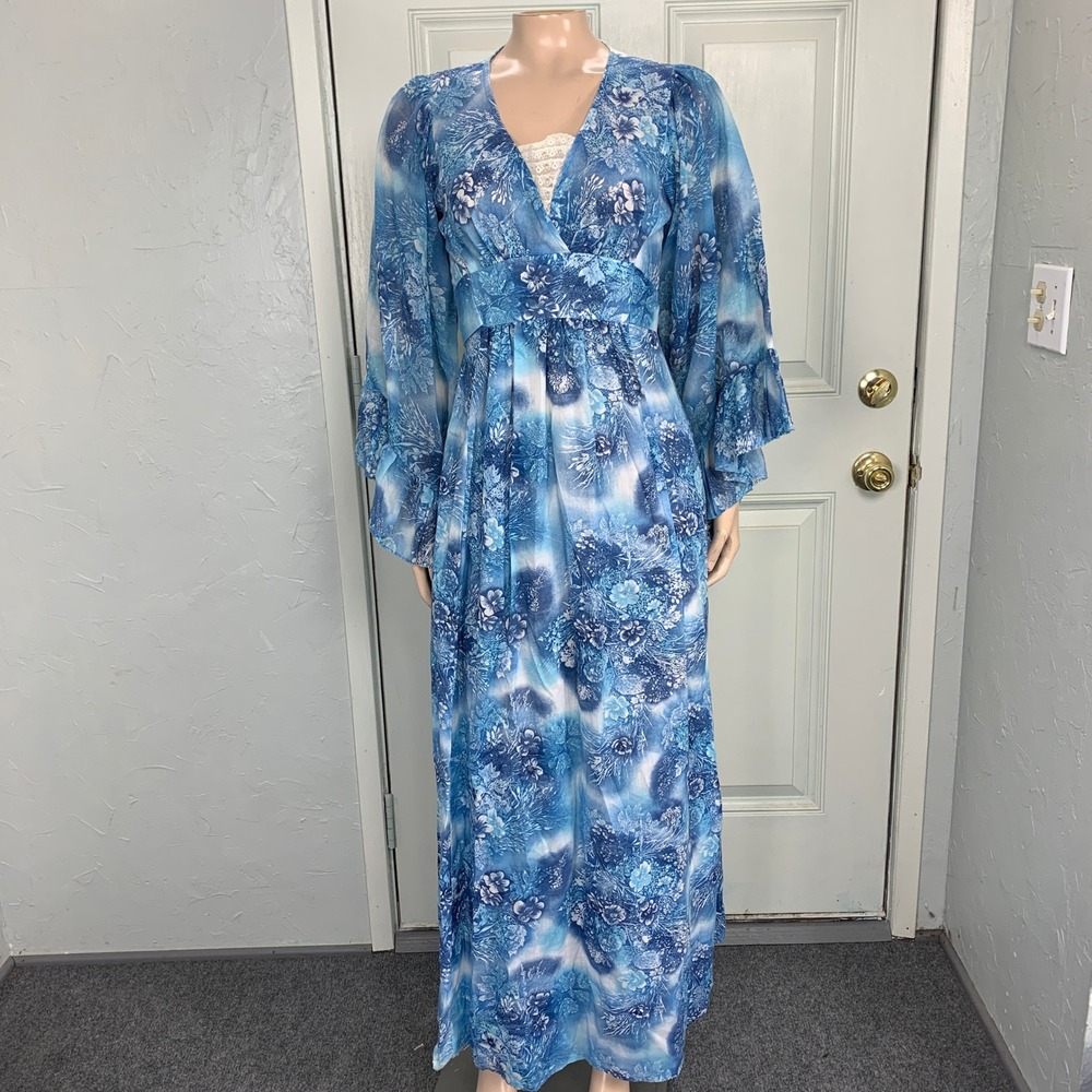 Vintage 70s Prairie Dress 5 Bohemian Cotton Floral Bell sleeve Boho Hippy I4-17